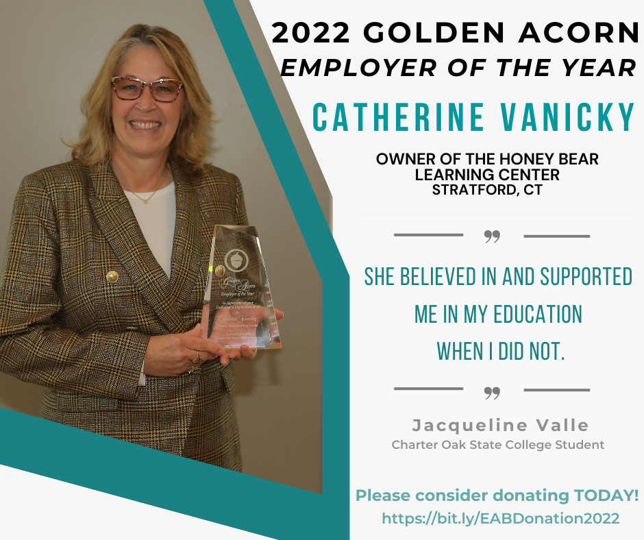 Charter Oak State College Foundation Golden Acorn Employer of the Year Winner for 2022 Catherine Vanicky, Owner of the Honey Bear Learning Center in Stratford, CT