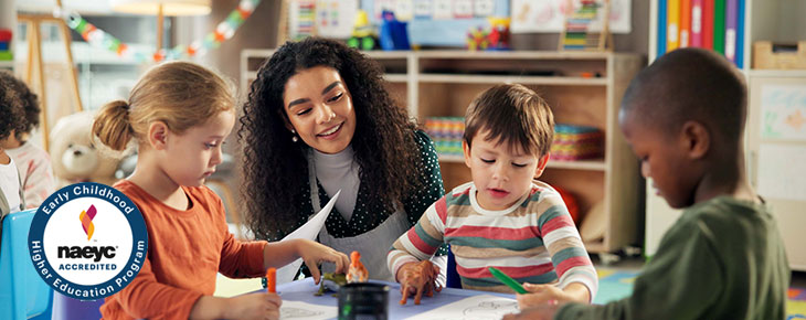 teacher with children in classroom for learning, students and creative art