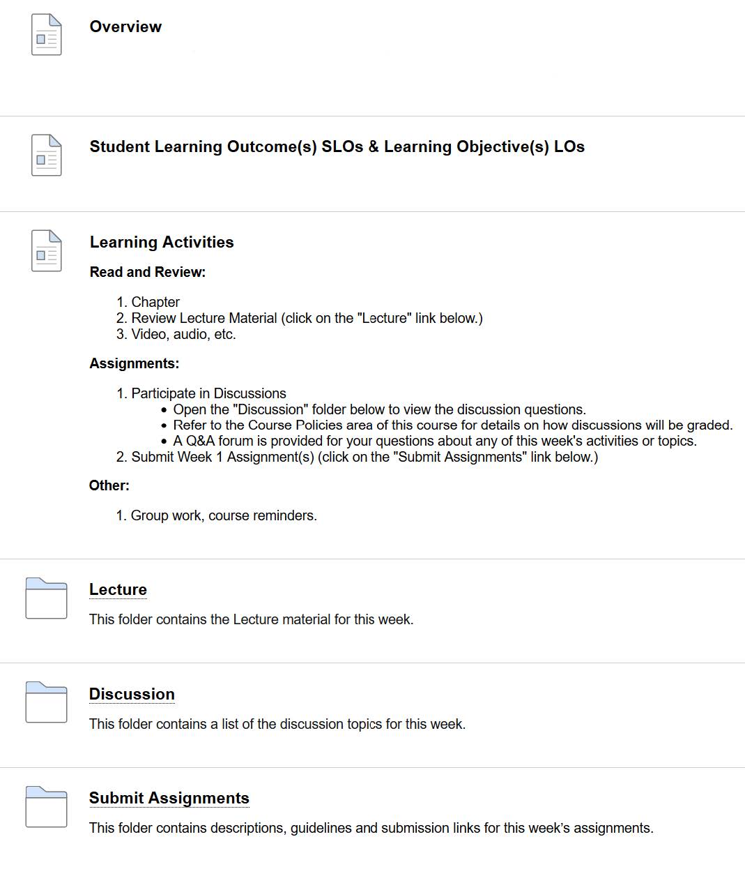 Weekly content showing the following items and folders: Overview, SLOs & LOs, Learning Activities, Lecture, Discussion, Submit Assignments