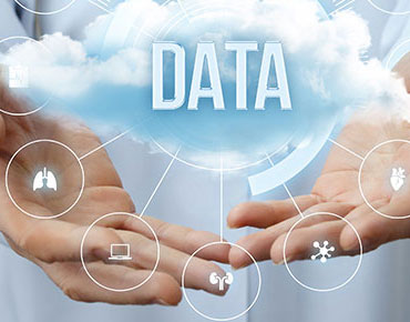Graphic of hands holding icons of data